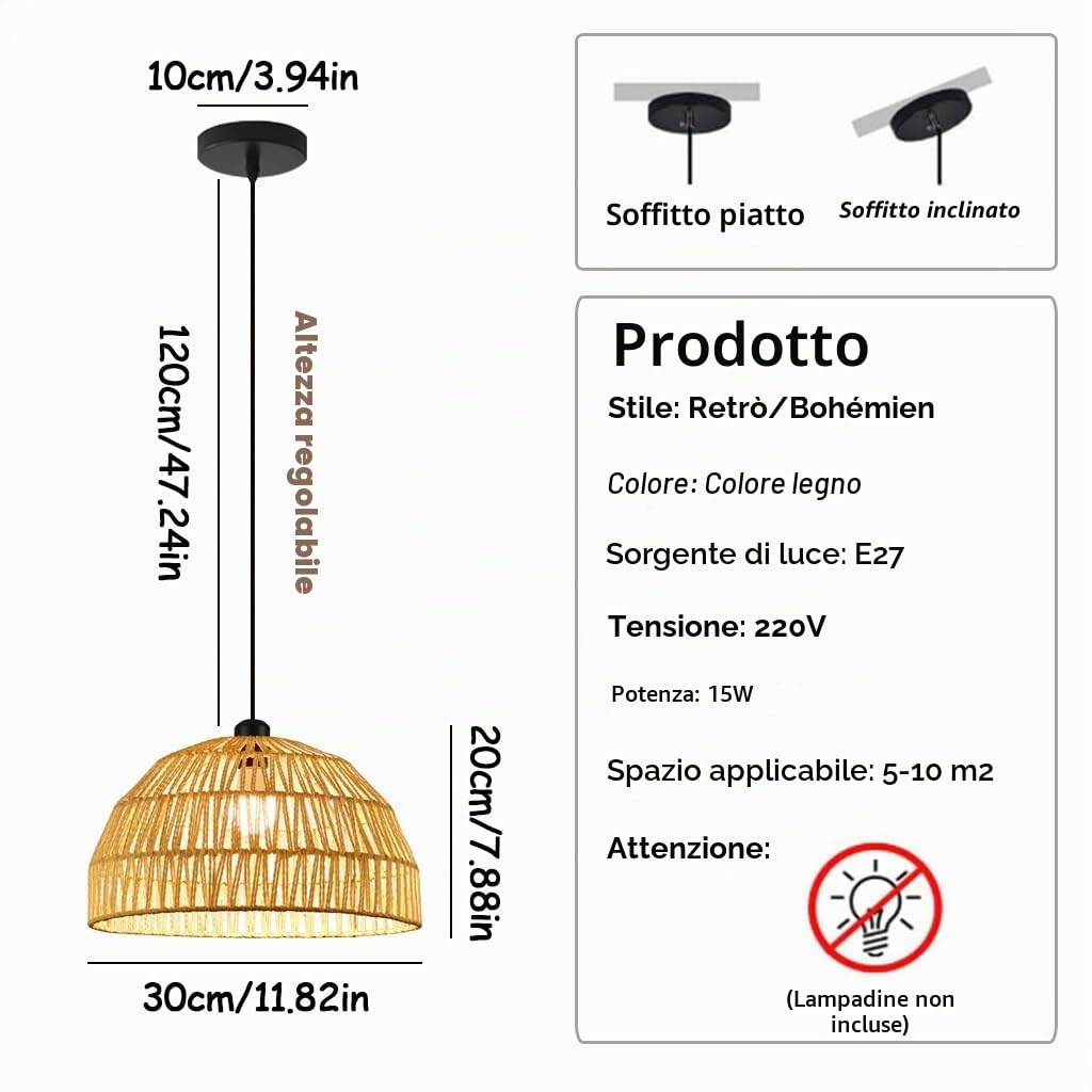 Lampadario E27 Bohemian Lampada A Sospensione In Vimini Intreccio Artigianale Lamp Vintage In Stile Rustico Adatta Per Illuminazione Camera Da Letto Sala Da Pranzo Isola Cucina Soggiorno(30CM)