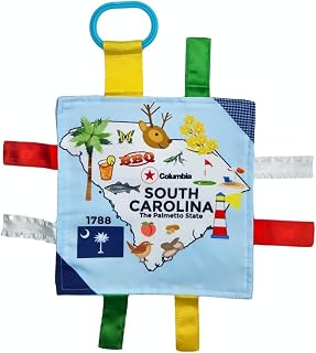 Baby Jack & Co 8x8” Learning Lovey South Carolina State Tag Stroller Toy for Babies - Crinkle Toys for Developing Five Senses - Learn About Capitals - Travel with Baby Jack - BPA Free Clip