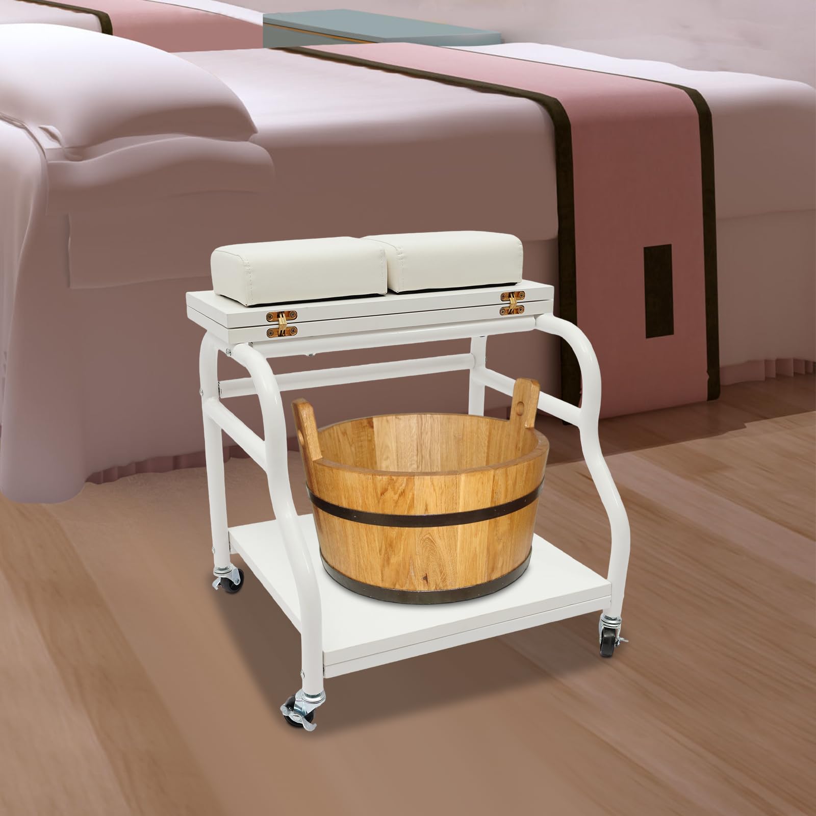 Chariot pour bain de pieds - Blanc - 40 x 40 cm - Capacité de charge de 18 kg - 2 étages - Chaise de pédicure mobile avec repose-pieds - 4 roues universelles - Pour salon de beauté, studio de manucure