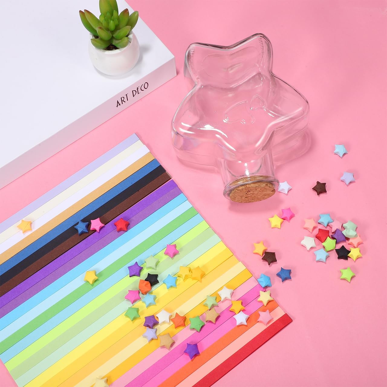 Zerodeko Rainbow Origami Star Paper Strips with Glass Wishing Bottle Set for Birthday and Room Decoration Diy Crafts 3.15 Inch Folding Paper Stars