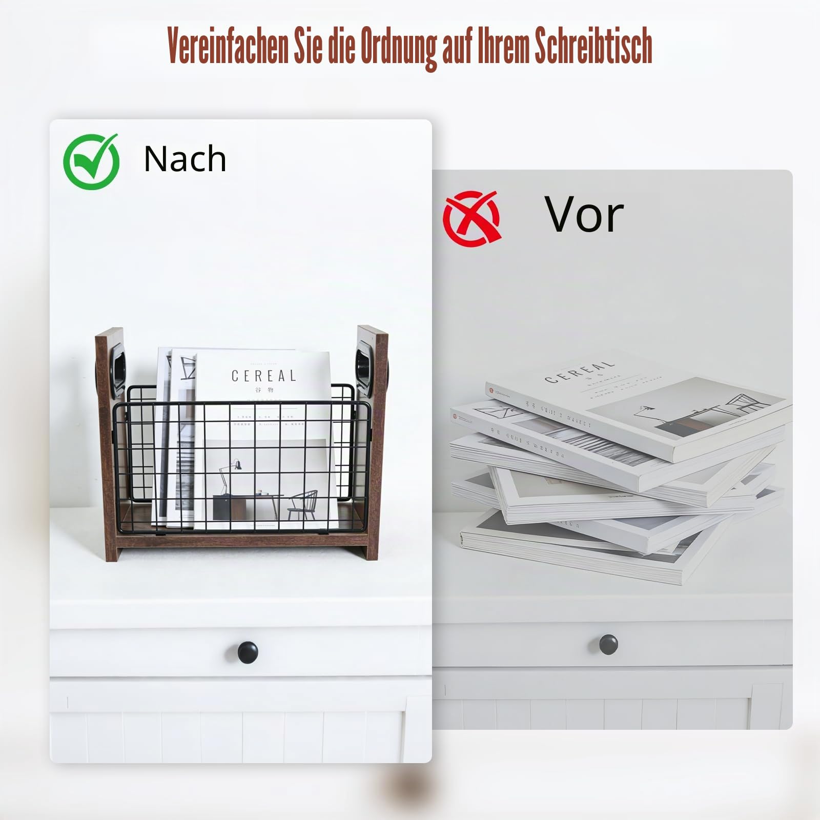 Zeitschriftenhalter und Ständer aus Holz, Zeitschriftenständer Retro-Stil, Brauner Netz-Aufbewahrungskorb, Zeitungsständer Holz für Bücher, Zeitungen, Akten