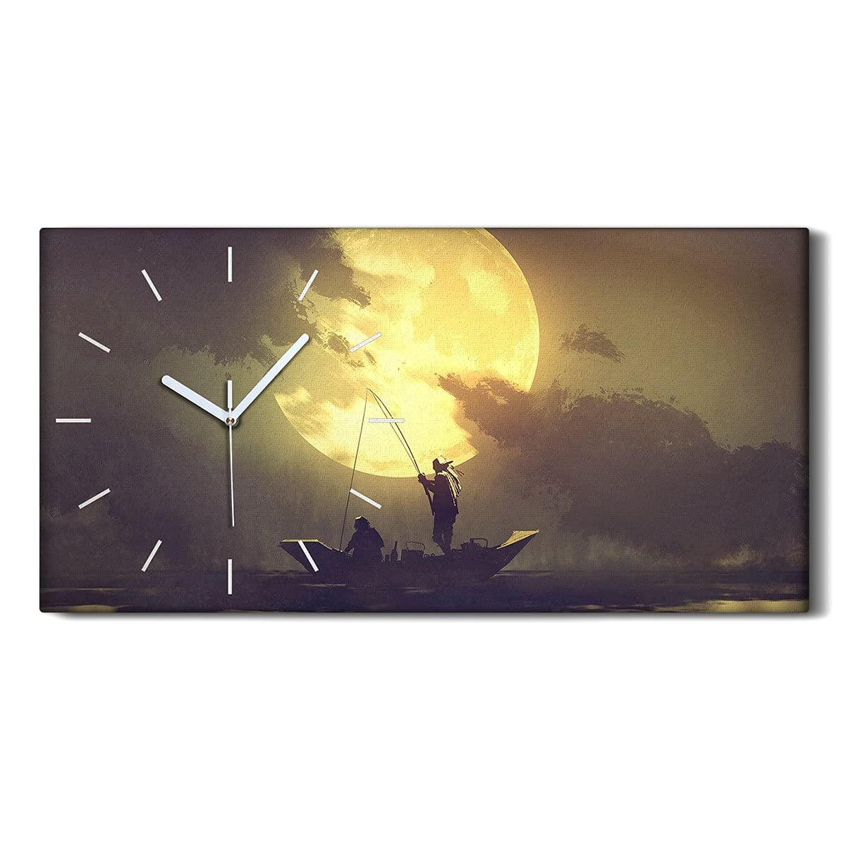 Horloge sur Toile Art Moderne 60x30cm Design Pêcheur - Finition Premium Mains Blanches