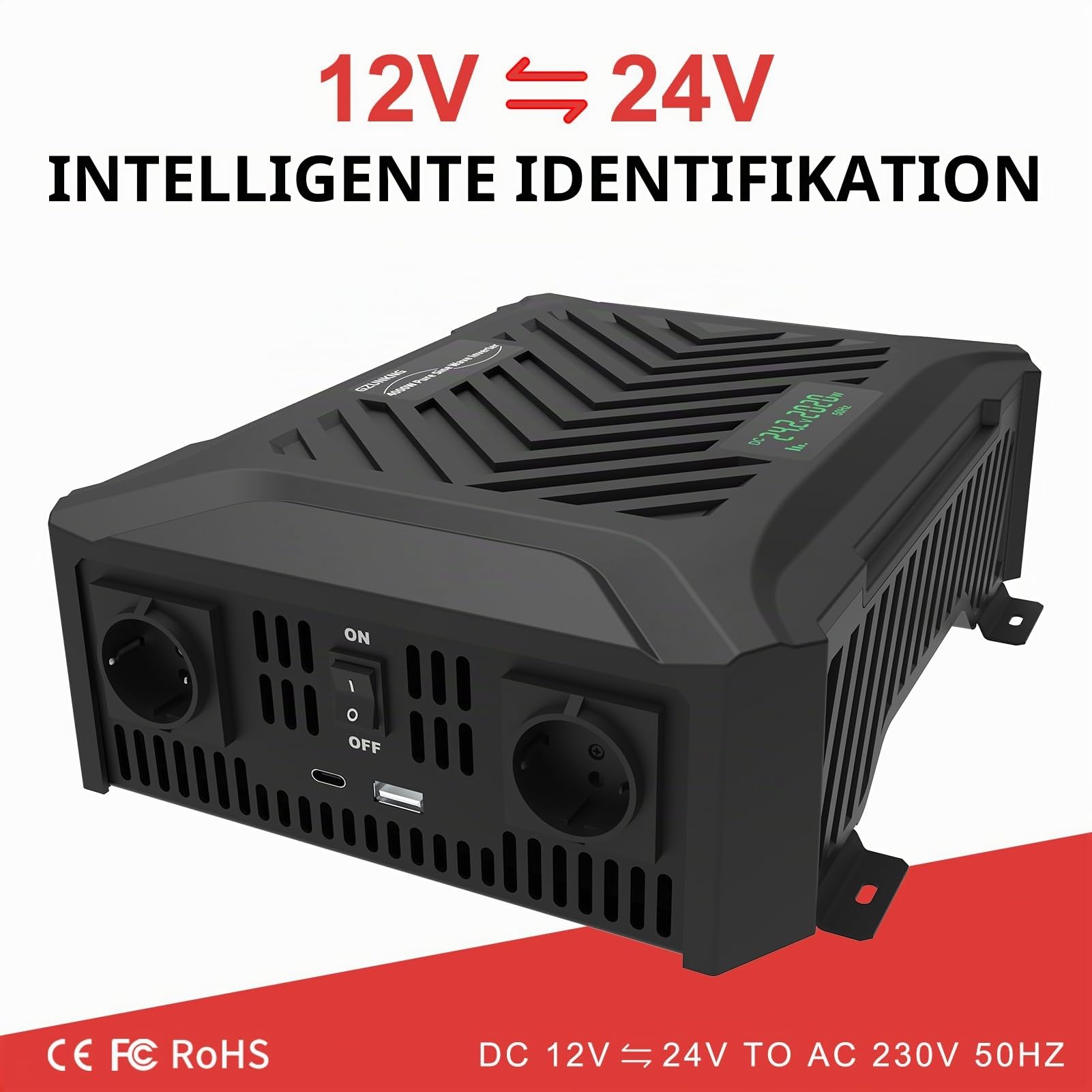 Dual Voltage Wechselrichter 12V/24V auf 230V Reiner Sinus Universal Dualer Spannungswandler 2000W/2000W, Automatische intelligente Erkennung von 12V/24V, Spitzenleistung 4000W/4000W.
