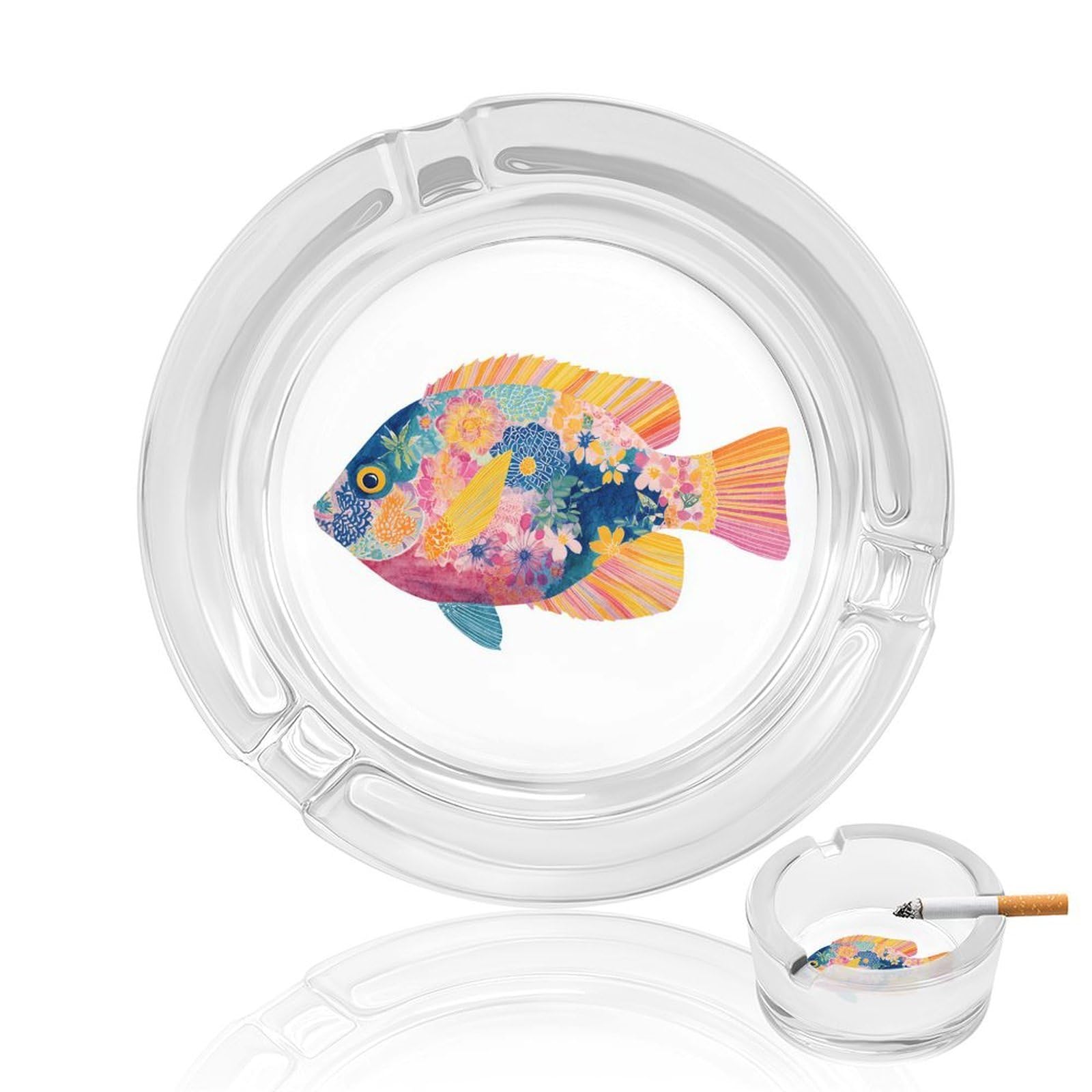 Preppy Trendy Fish Floral Pattern Glass Ashtray for Cigarettes Portable Decorative Ash Trays for Home Office Decor