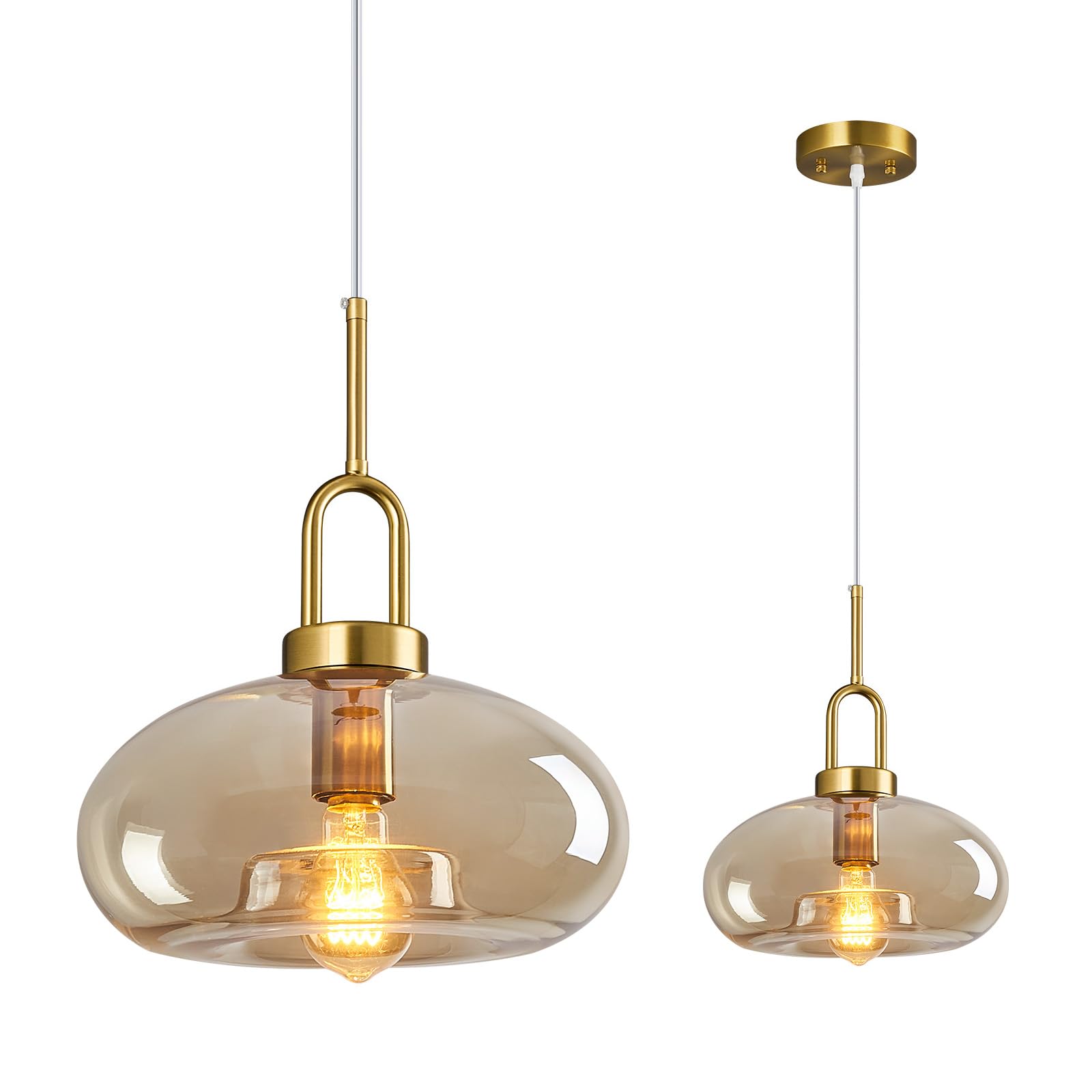 Photo 1 of LBSQJ Cognac Glass Pendant Lights Kitchen Island Gold Pendant Light Fixtures Modern Adjustable Height Pendant Lighting for Dining Room Bedroom(11.02 in 1-Pack)