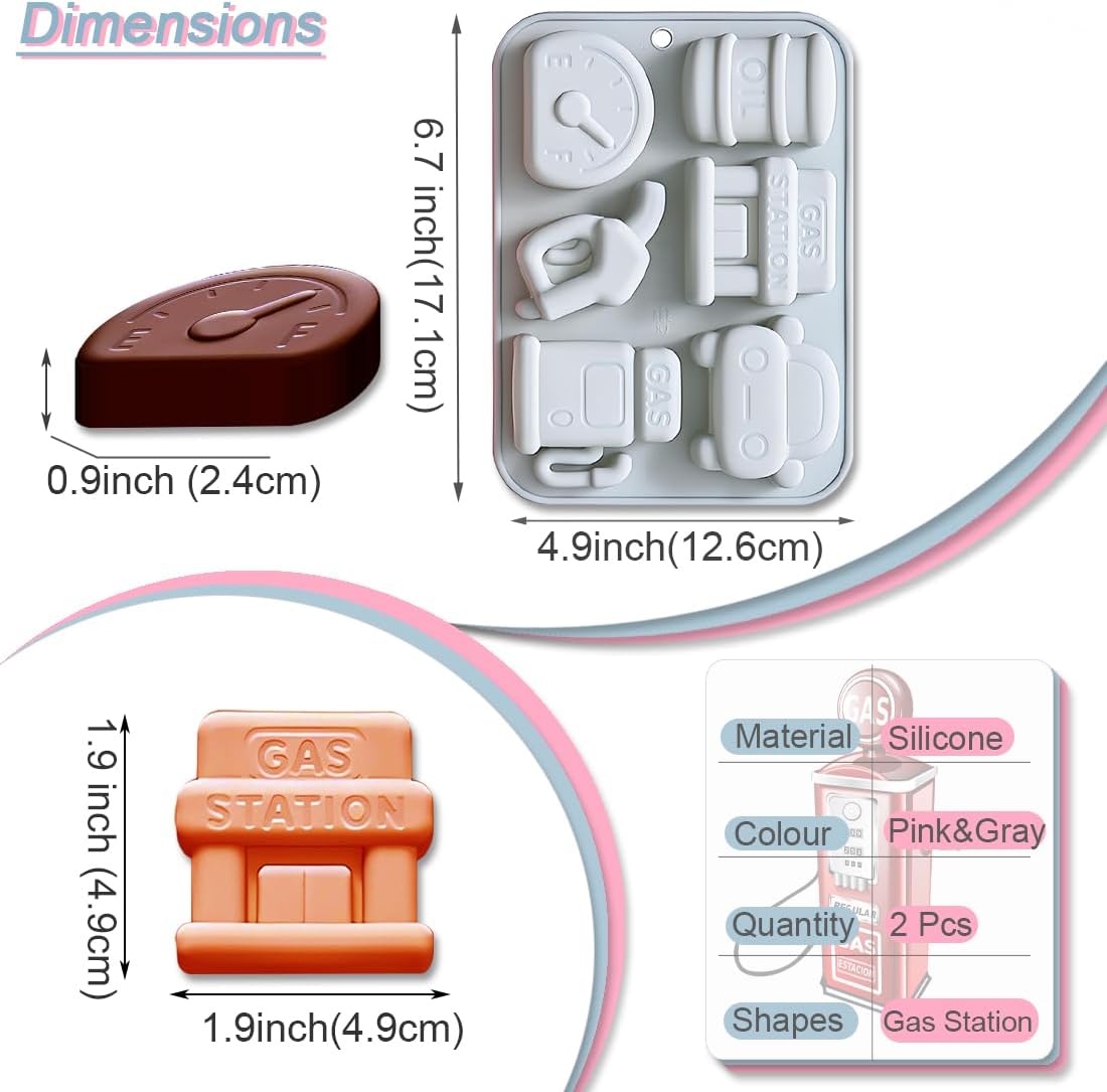 2 Pack Gas Station Themed Silicone Mold, 6 Cavity 3D Fuel Service Station Molds Tray DIY Baking Decorating Tools for Chocolate Gummy Candy Jello Fondant Dessert Cake Handmade Soap Resin Clay image 2