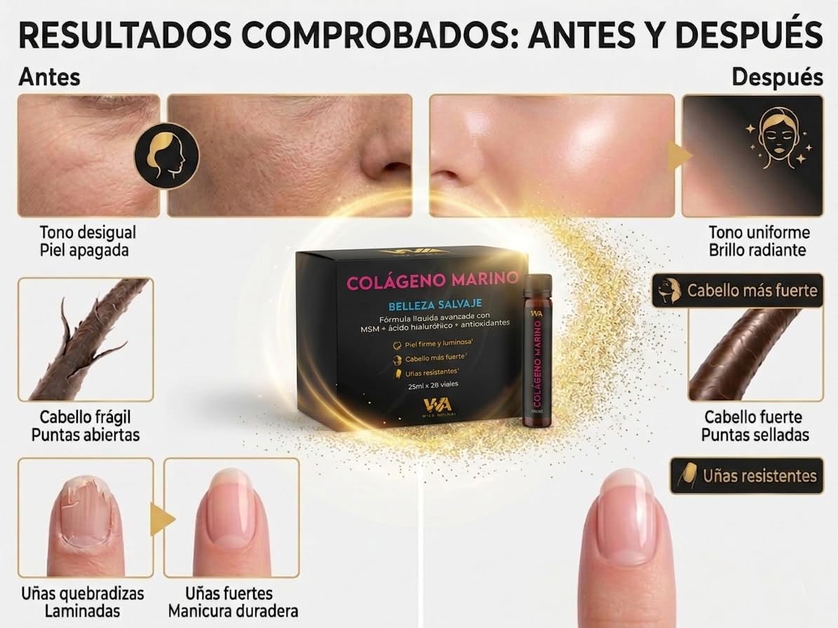 Colágeno Marino Bebible 5000 mg - Alta Dosis | 28 Viales x 25 ml | Con Ácido Hialurónico, MSM, Biotina y Vitamina C | Piel, Cabello y Uñas | Fabricado en España