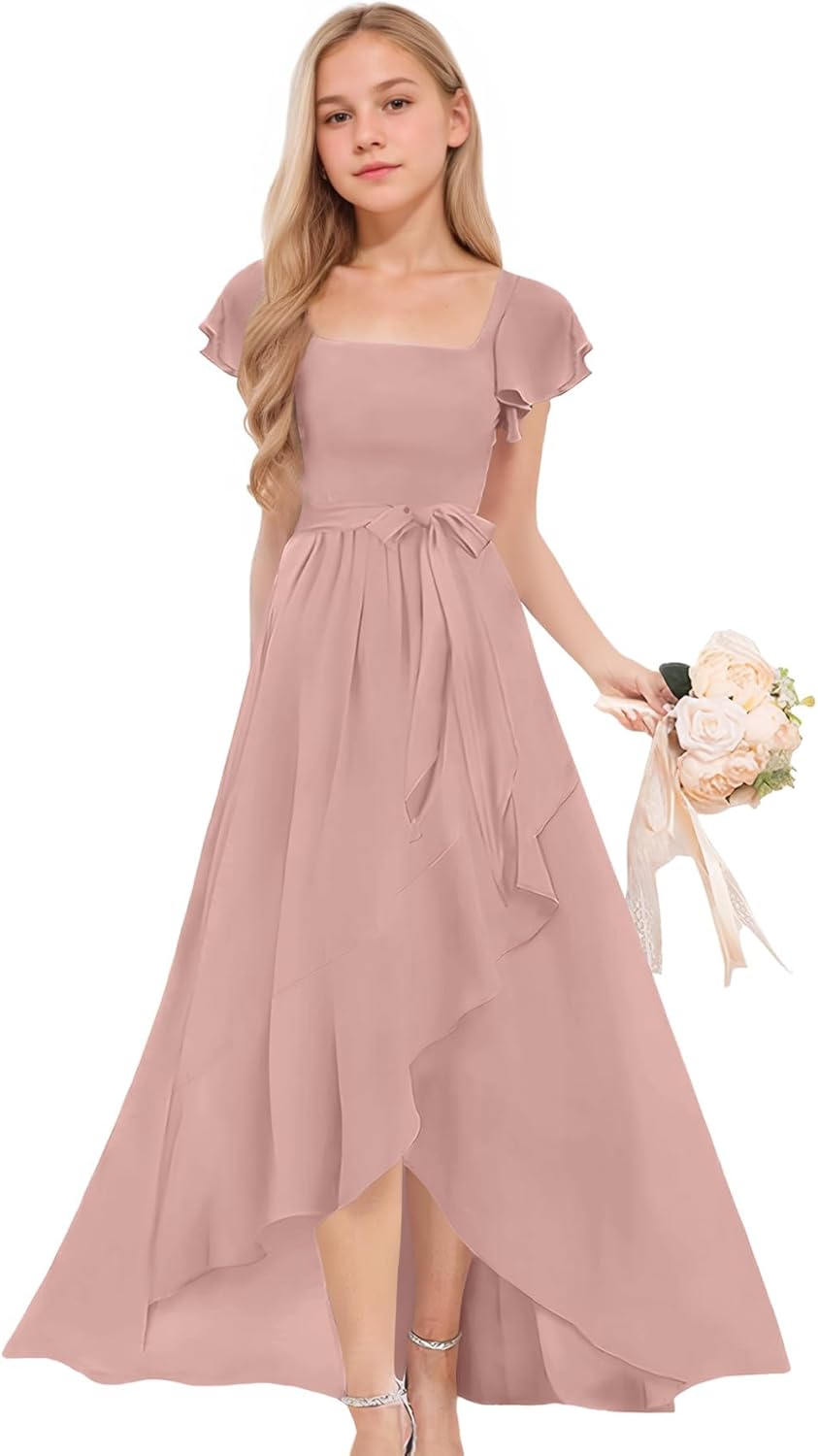 Junior Bridesmaid Dresses Teens Short Sleeve Chiffon Flower Girl Dress for Wedding Guest Formal Dress 2-14