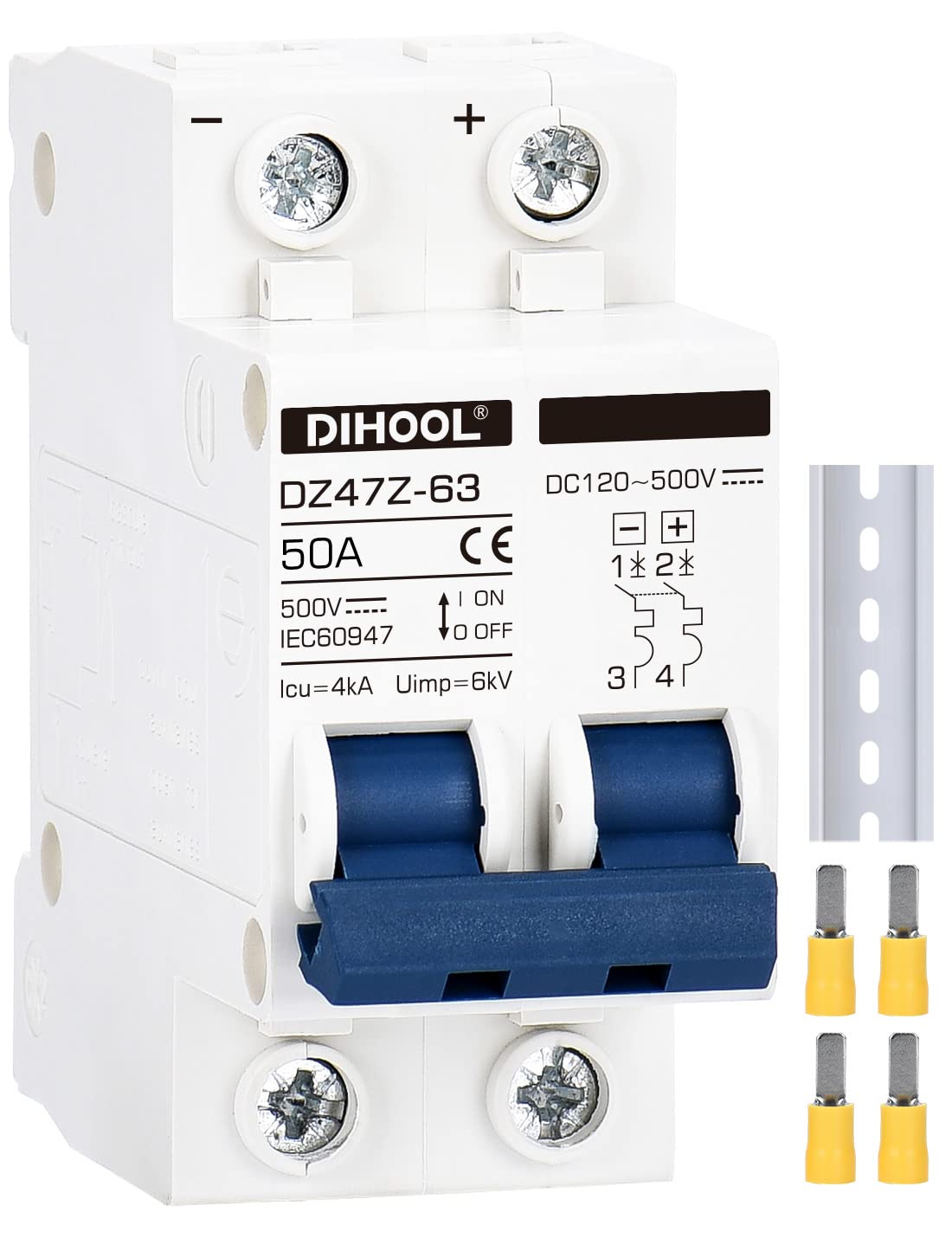 DC Circuit Breaker dz47 2P 50Amp 500V DC MCB Short Circuit Protection Disconnect Switch Isolator for Solar Panel Battery UPS Inverter Photovoltaic PV System