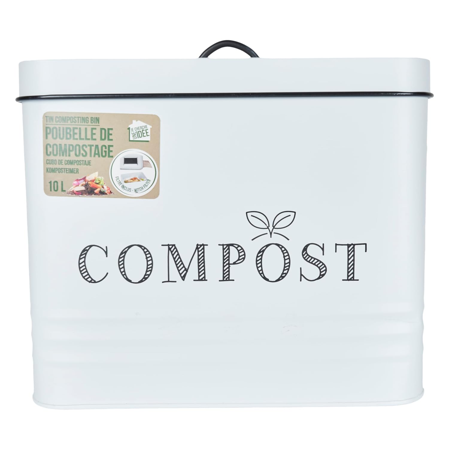 ME0026 Metal Compost Bin - Capacity 10L - Vintage Look - Lid with Filter - Practical Carry Handle - Painted Metal Colour