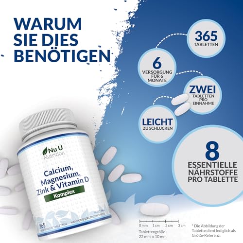 Calcium Magnesium Zink Hochdosiert - 365 Vegetarische Tabletten - 6 Monate - Kalzium Complex mit Vitamin D, Selen, Mangan, Bor & Kupfer - 800mg Calciumcarbonat pro Tagesdosis - Nu U Nutrition