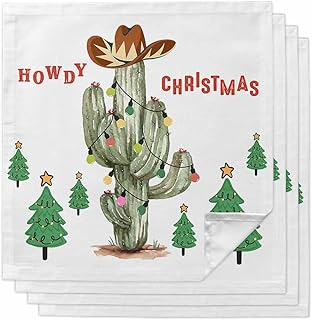 Christmas Western Cloth Napkins Set of 4 - Cowboy Hat Xmas Tree Cutouts Cartoon Washable Dinner Napkins Reusable Table Napkins for Home Party Weeding Dining Table Setting Decoration, Oversized 20"x20"