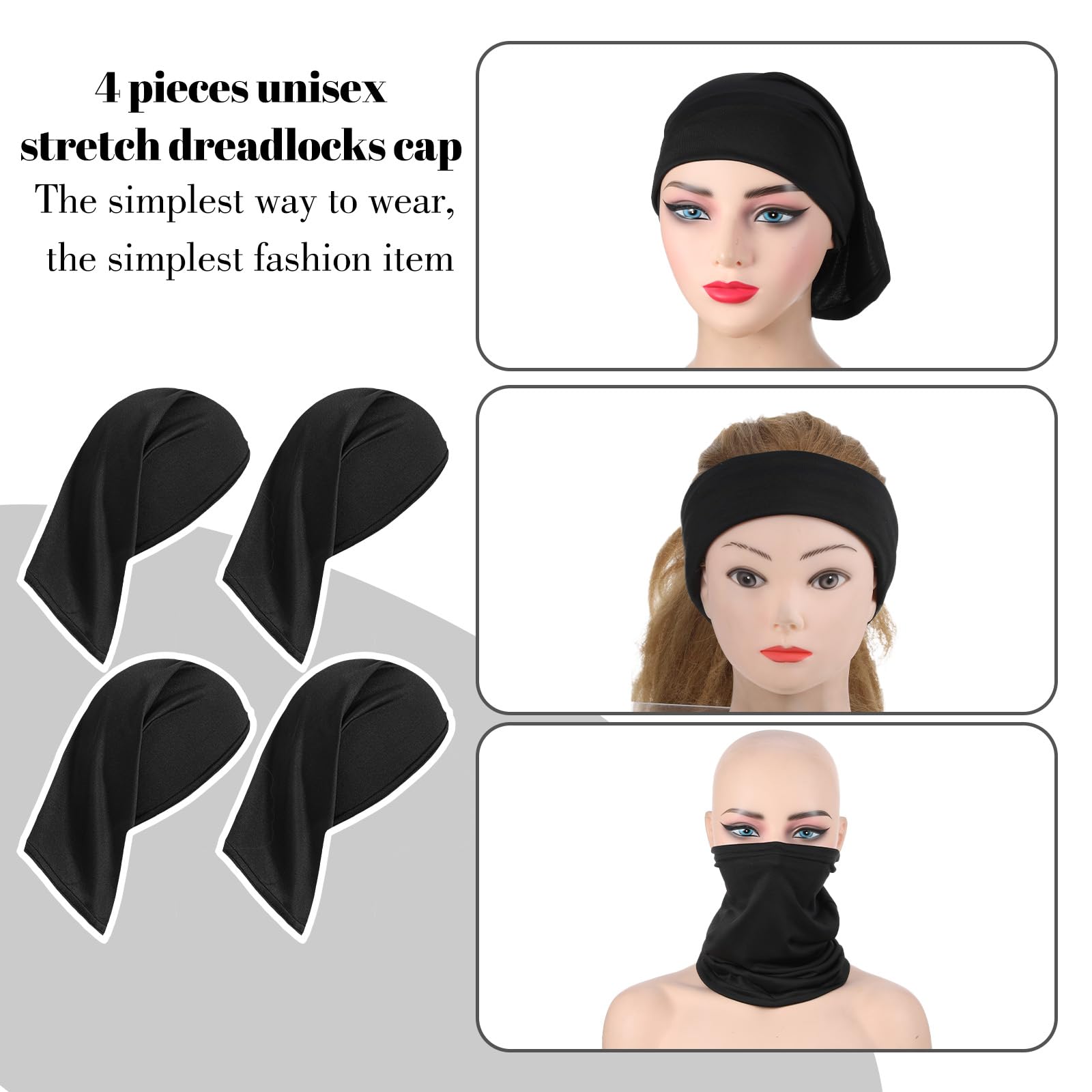 Molain Lot de 4 bonnets élastiques pour dreadlocks, chaussettes longues pour dreadlocks, bandes souples et extensibles, peuvent être utilisées comme bonnet de sommeil, bonnet de nuit unisexe pour