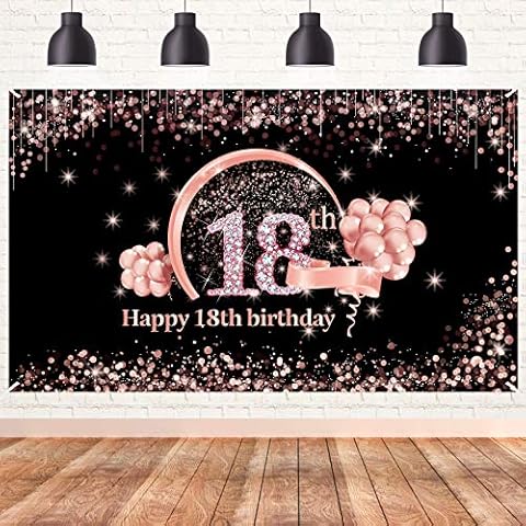 Lnlofen 18th Birthday Banner Backdrop Decorations for Girls, Extra Large 18 Year Old Birthday Party Supplies, Rose Gold Happy Eighteen Birthday Sign Poster Photo Booth Props Cover