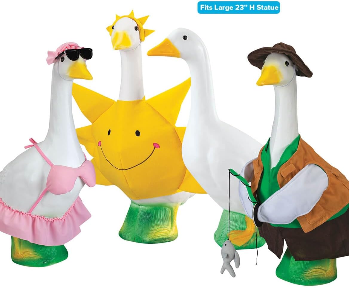 GAGGLEVILLE Goose Summer Bundle, Includes One Large 23 inch White Goose and Three Summer Outfits Bundle, Sun, Bikini and Fisherman Goose Outfits Included