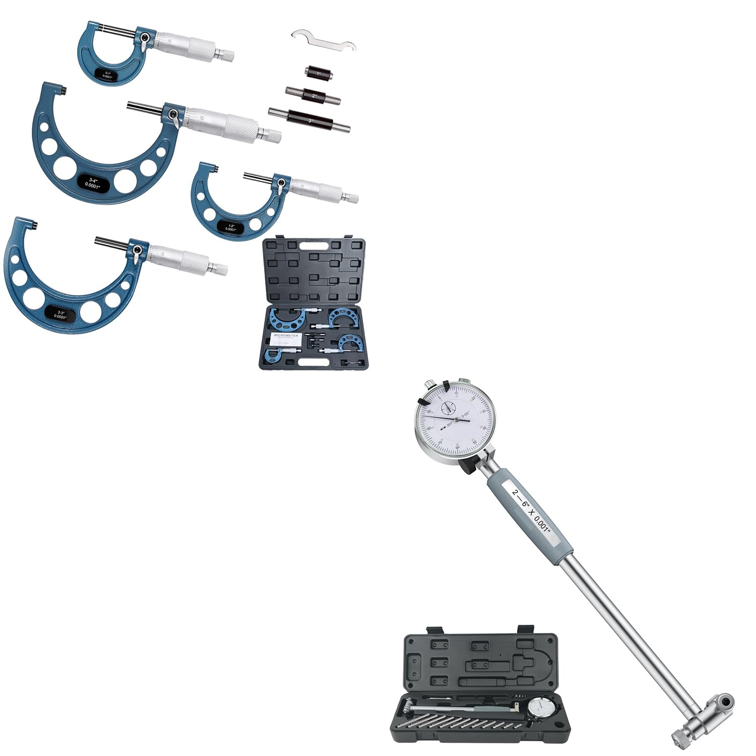 HDLNKAK Outside Micrometer Set 0-4" +Dial Indicator Bore Gauges 2"-6"/0.001" Extender Dial Bore Gauges, Cylinder Bore Gauges Measurement, Bore Gauge Set Ensuring Precision for Machinist