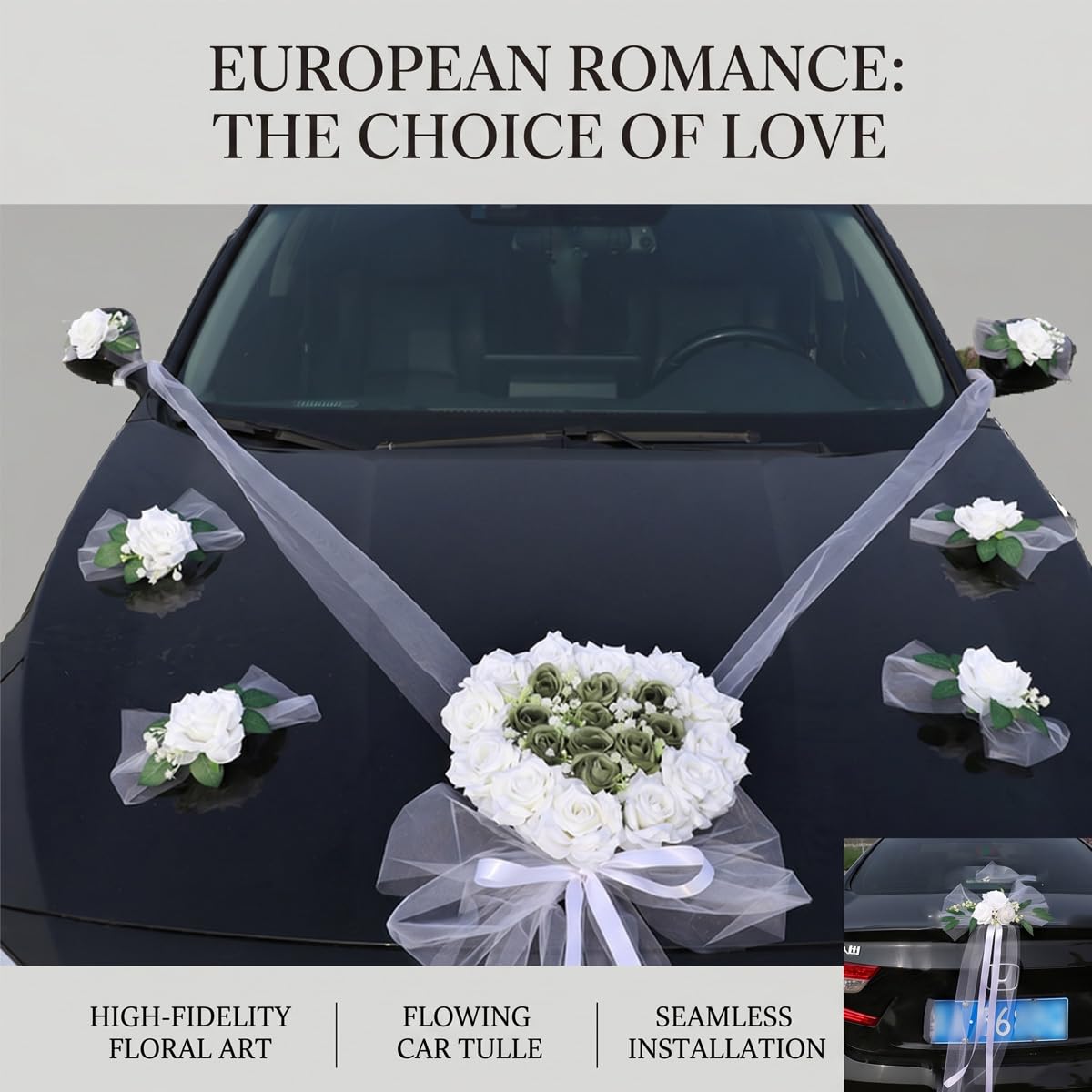 Hochzeits-Autodekoration mit die Motorhaube und den Rückspiegel & Blume am Heck, Auto-Girlande, Seidenblumen-Verzierung für Hochzeitsautodekoration Feiern Partys und DIY-Dekorationen2#