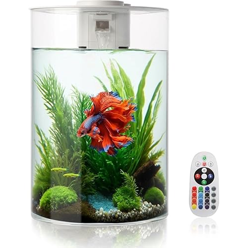 Smart Betta Fish Tank 3 Gallon Aquarium Starter kit self Cleaning with Filter LED Light (17 Color Choices), 360 View Aquarium for Small Fish, Kids, Home, Office & Gifts