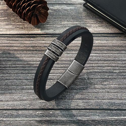 Personalized Bracelet for Men Custom Leather Braided Bangle Engraved Name Beads Fathers Day Jewelry Gifts for Dad Him Husband4