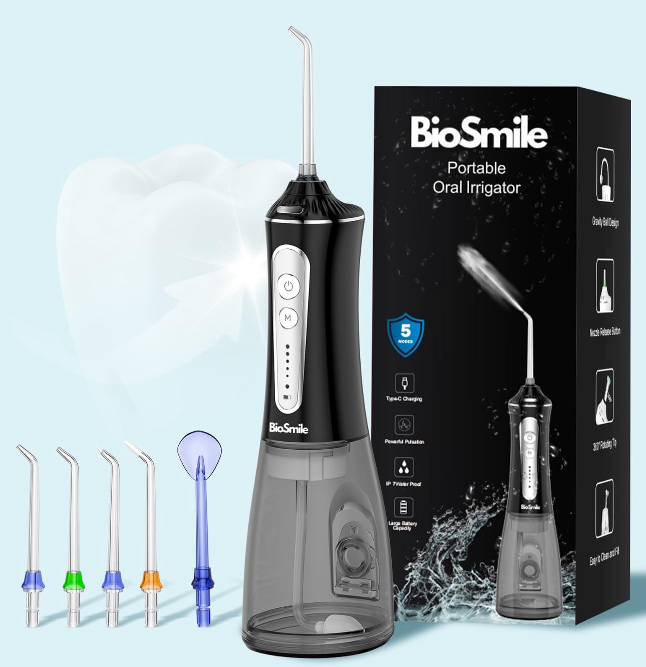 Portable Water Dental Flosser 300ml - Water Flossers for Teeth, 5 Modes Flossing Machine - Teeth Cleaning Cordless Water Flosser - IPX7 Waterproof Rechargeable Oral Irrigator Rotatable(Black)