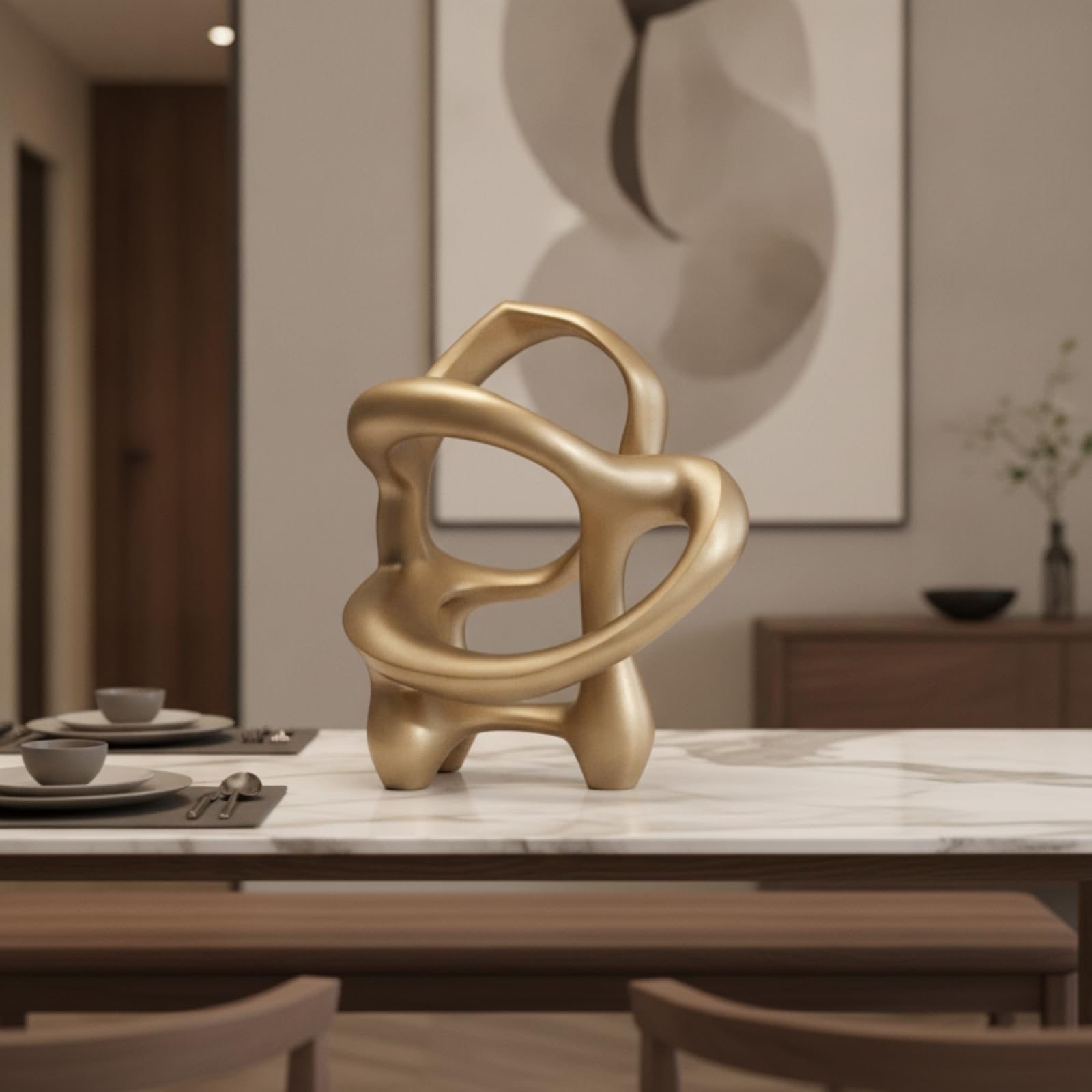 Colcolo Geometrische Skulptur Abstrakte Skulptur Dekofigur Kunstfigur Statue aus Harz mit Metalloptik Und Solidem Sockel für Wohnzimmer Esstisch Sideboard Schrank 25.5x18x31cm