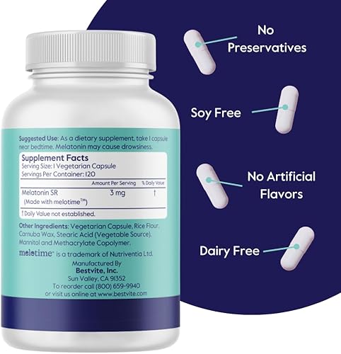 Miniatura 3 de BESTVITE Melatonina SR 3 mg (120 cápsulas vegetarianas) - Vegano - Sin OMG - Sin gluten - Melatonina de liberación prolongada