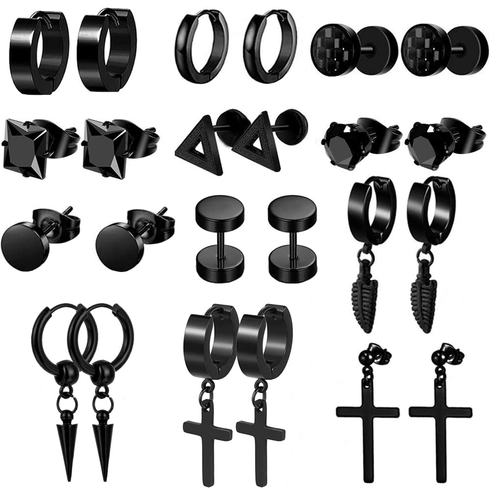 VELESAY 12 Pares Pendientes Hombre de Acero Inoxidable para Hombres y Mujeres Negro Aro Pendientes Plumas Cruz Colgantes Pendientes Punk Kpop Redondos Pendientes Conjunto Negro Plata
