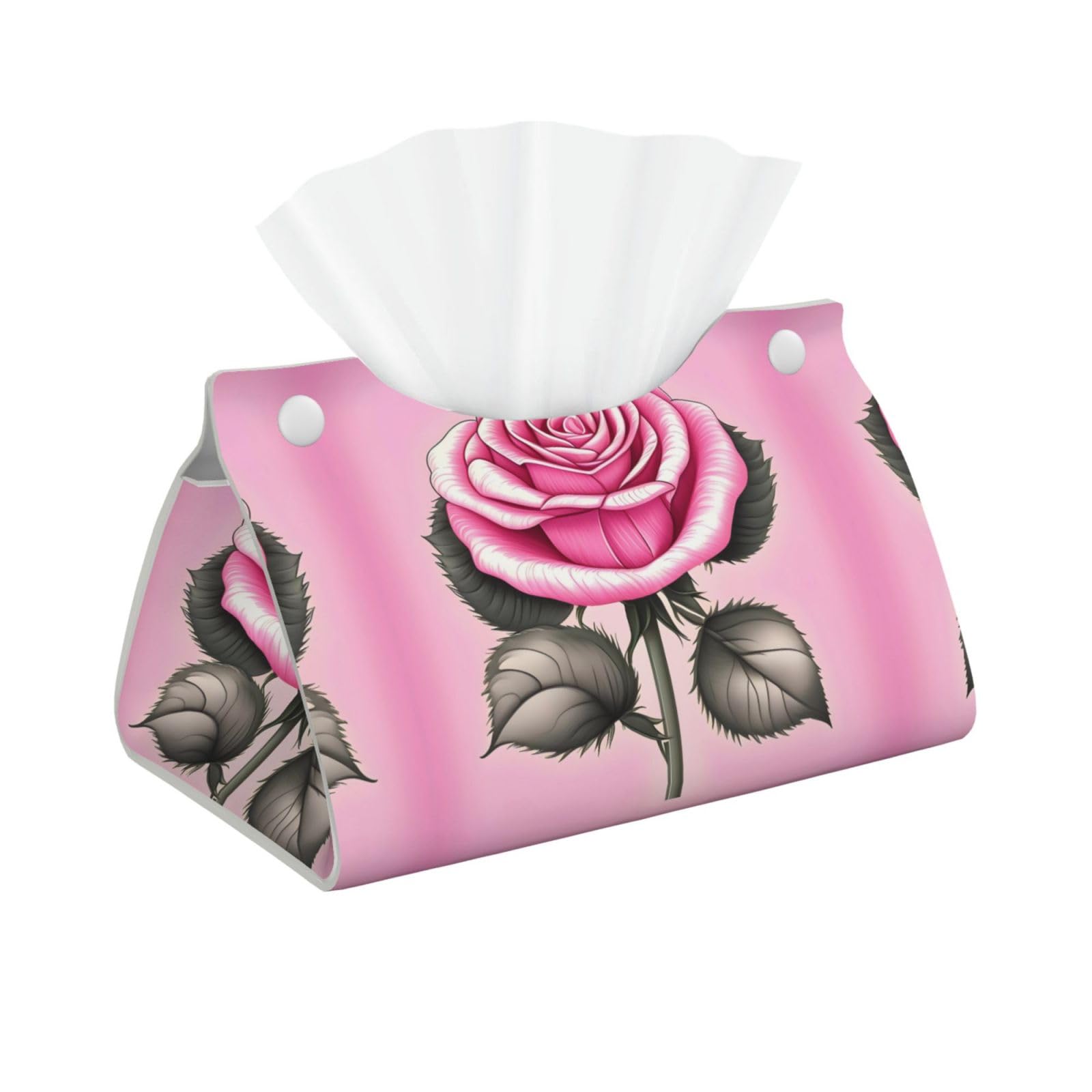 Beautiful Pink Roses Print Long Tissue Box Cover Holder Foldable Leather Organizer for Vanity, Nightstand, Desk & Bathroom