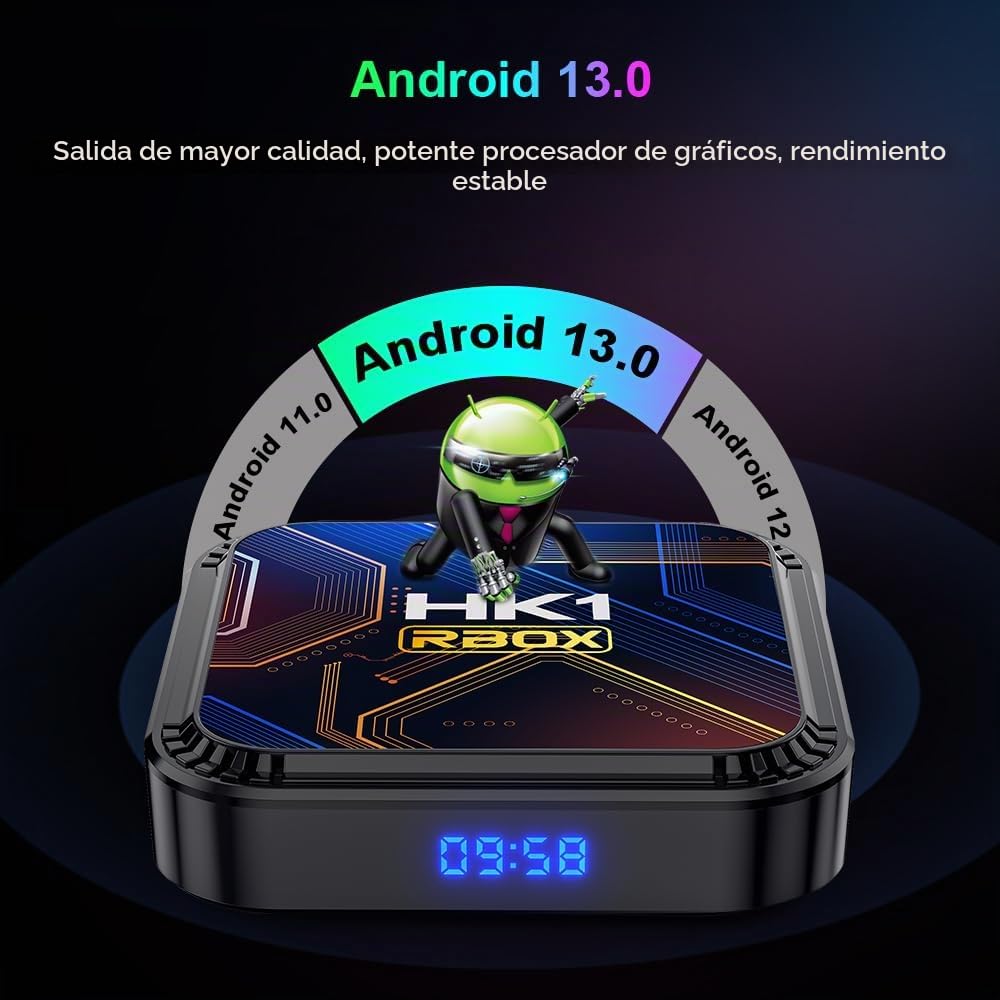 Android 13.0 TV Box 4GB RAM 64GB ROM RK3528 Quad-Core Arm Cortex A53, HD Convertor Smart TV Soporte 2.4/5.0GHz WiFi BT5.0 10/100M Ethernet 8K HDR10+ USB 2.0/3.0 con Control Remoto por Voz