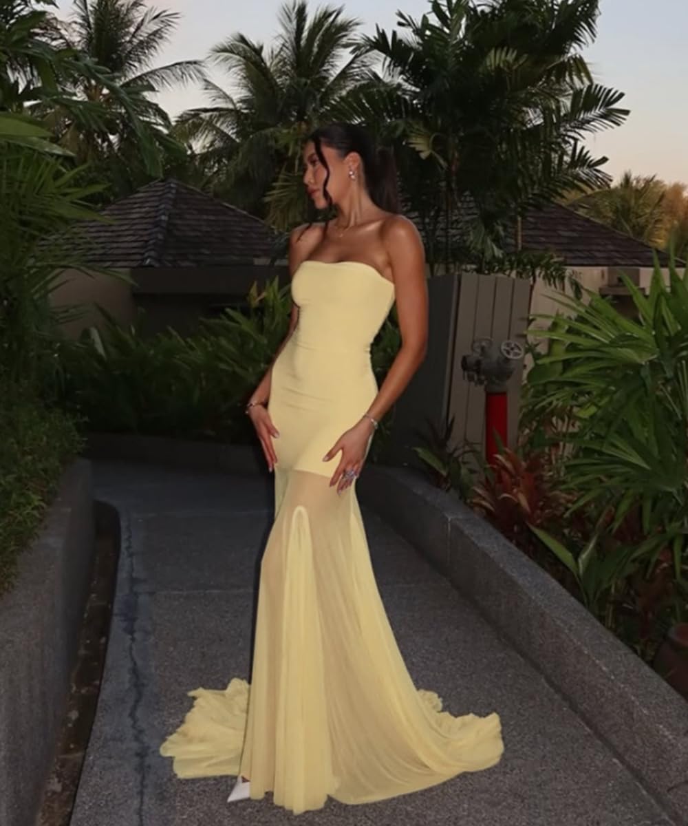 Women Strapless Tube Top Maxi Dress Mesh Off Shoulder Bodycon Long Formal Cocktail Party Clubwear