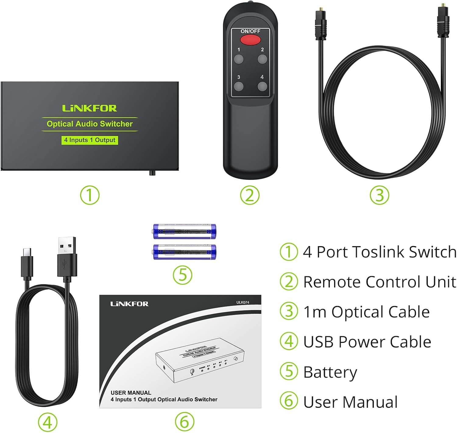 Image showing the LiNKFOR Digital Toslink Optical 4x1 Switch, remote control, optical cable, USB power cable, batteries, and user manual.