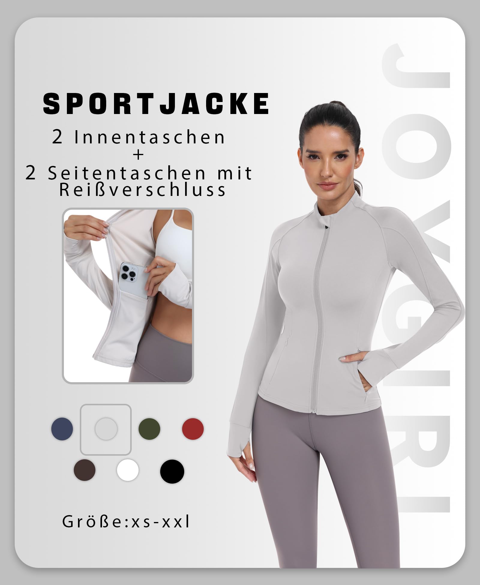 JoyGirl Veste de sport pour femme - Fermeture éclair - Poches - Gym - Haut de yoga - Fitness - Veste de survêtement légère avec trou pour les pouces