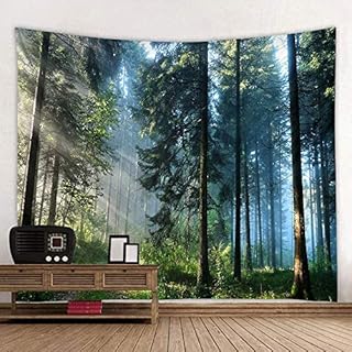 Green Misty Forest Tapestry Wall Hanging Nature Landscape Tapestry Sunshine Through Tree Tapestries for Bedroom Living Room Dorm Decor