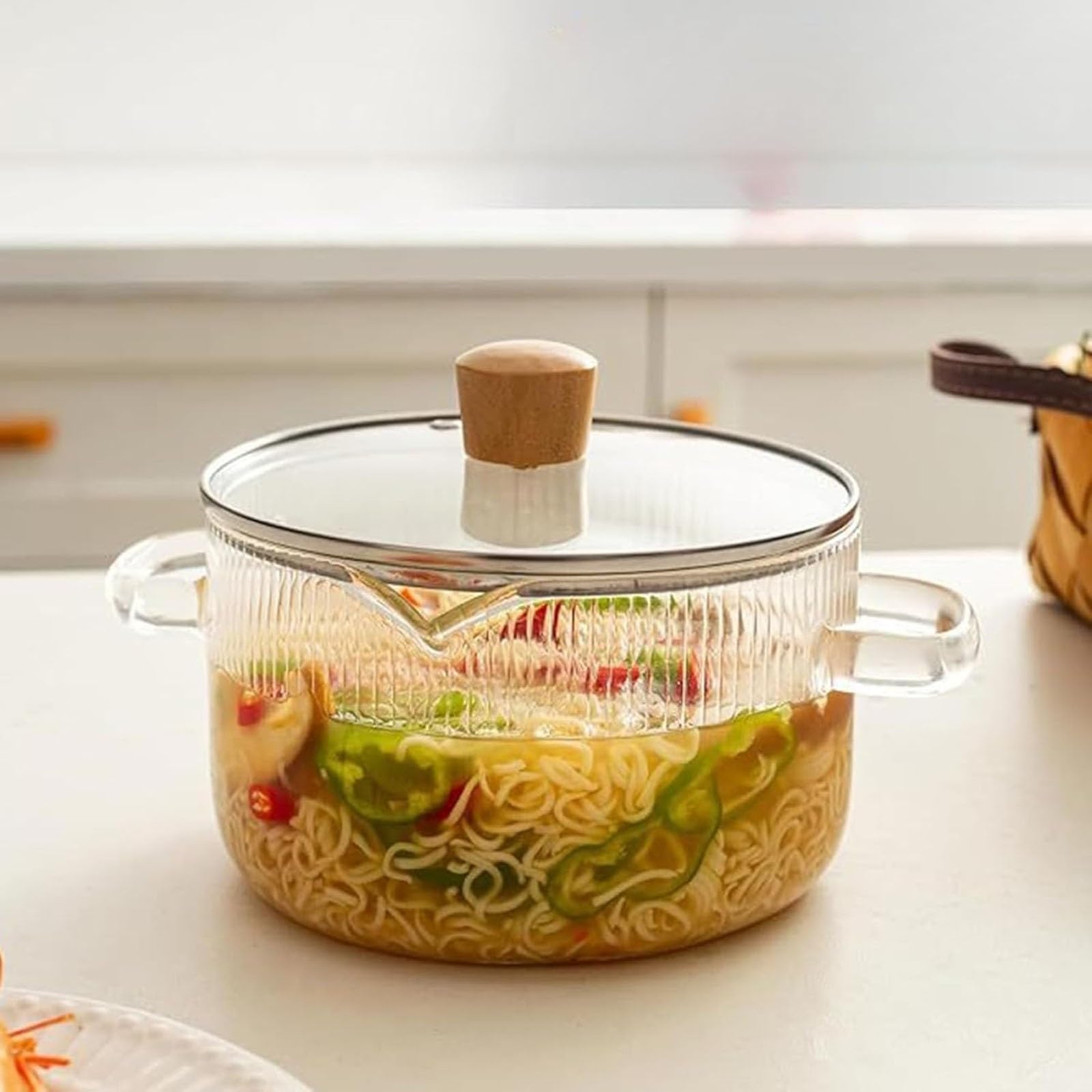 Runder Kochtopf mit Doppelohren-Design, Klarglas-Eintopf für Suppe und Nudeln, ideal für Hausmannskost und Versammlungen
