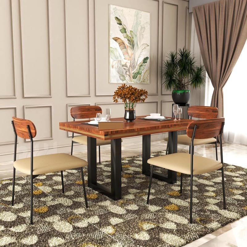 HITHOS Viana Solid Wood 4 Seater Dining Table Set with Four Cushion Chairs and Dinner Table for Dinning Room Home Hotel and Office (Honey-Cream Cushion)-image-43