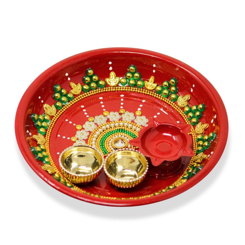 JH Gallery Handmade Small Size Decorative Pooja Thali, Puja Plate, Karwachauth Thali Set, Diwali Gift Items, Decorative Items for Pooja, Aarti Thali Decorative - 6 inches(Small)