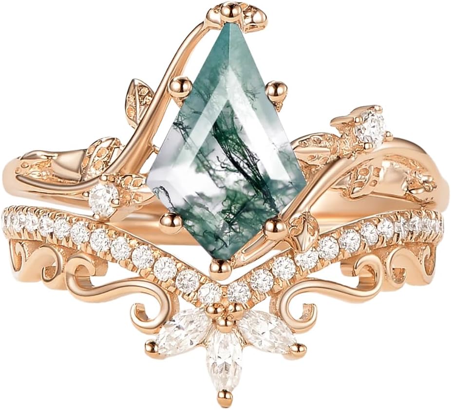 925 Sterling Silver 10K 14K 18K Gold Natural Moss Agate Engagement Ring Sets for Women 1.5CT Kite Cut Leaf Moss Agate Wedding Ring Sets with Moissanite