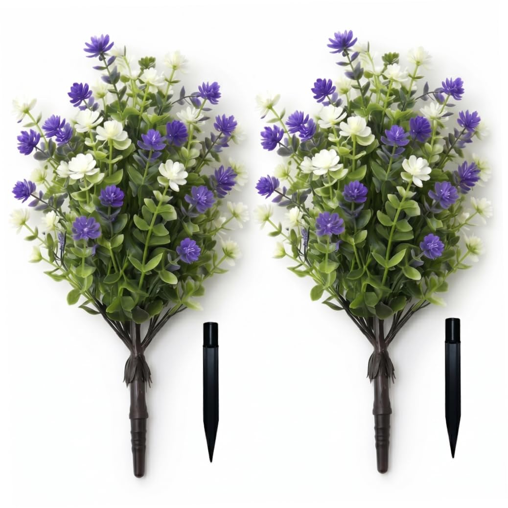 Striegro Topiary Balls Artificial Outdoor Set of 2, Artificial Flowers with Ground Stakes Realistic Camellia Eucalyptus, UV Resistant Plants for Home Garden Decor, 45cm/18inch..