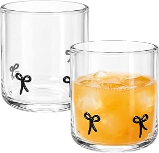 2 Pcs Bow Icon Glass Cups, Clear Crystal Drinking Glasses, 16.6 oz Cute Bow Pattern Tumblers, Stylish Water Juice Milk Iced Tea Cups for Home, Parties, Holiday Table Decor
