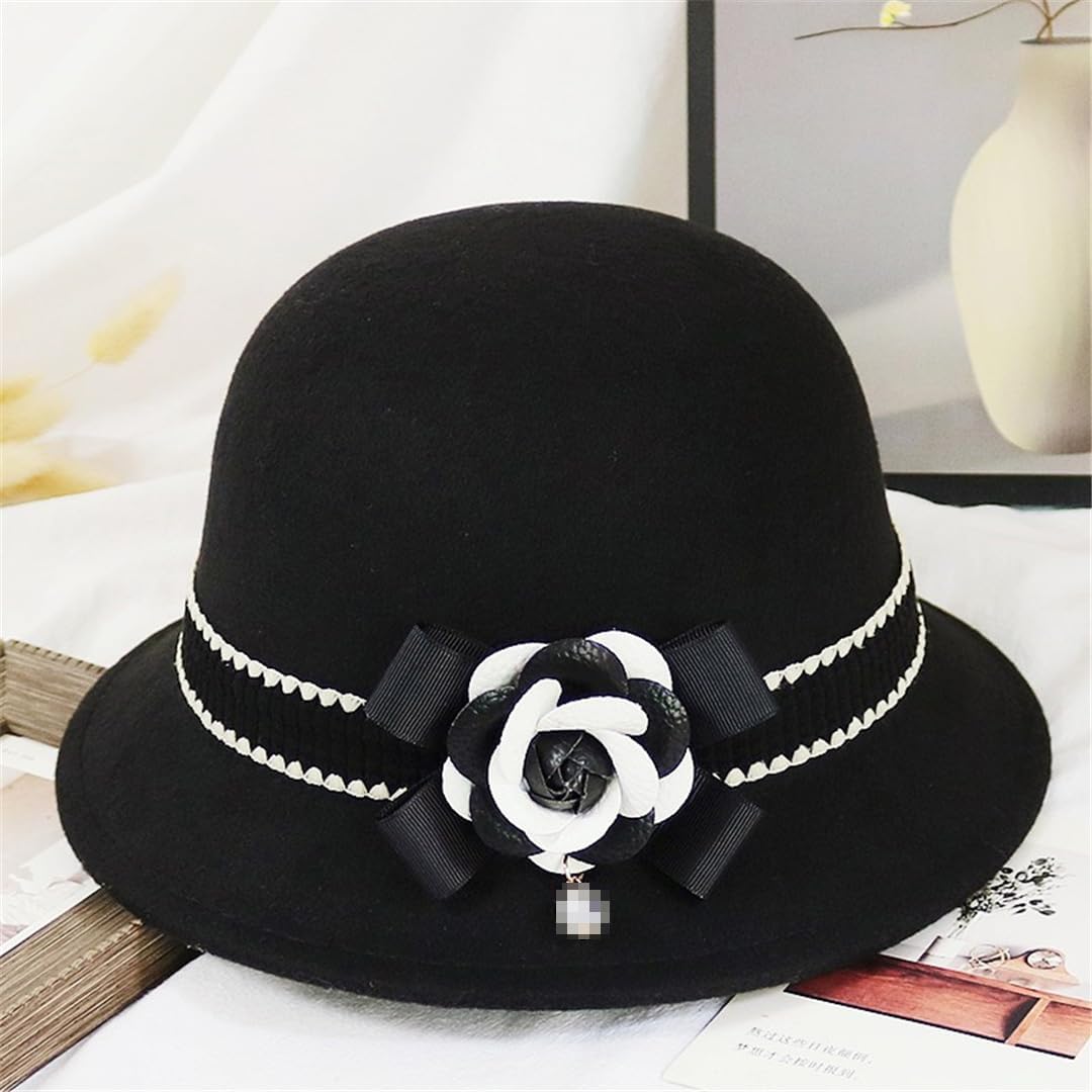 ERFMFKL Winter Hat for Women 1920S Flower Warm Wool Felt Fedora Cap Church Hats Cloche Bonnet