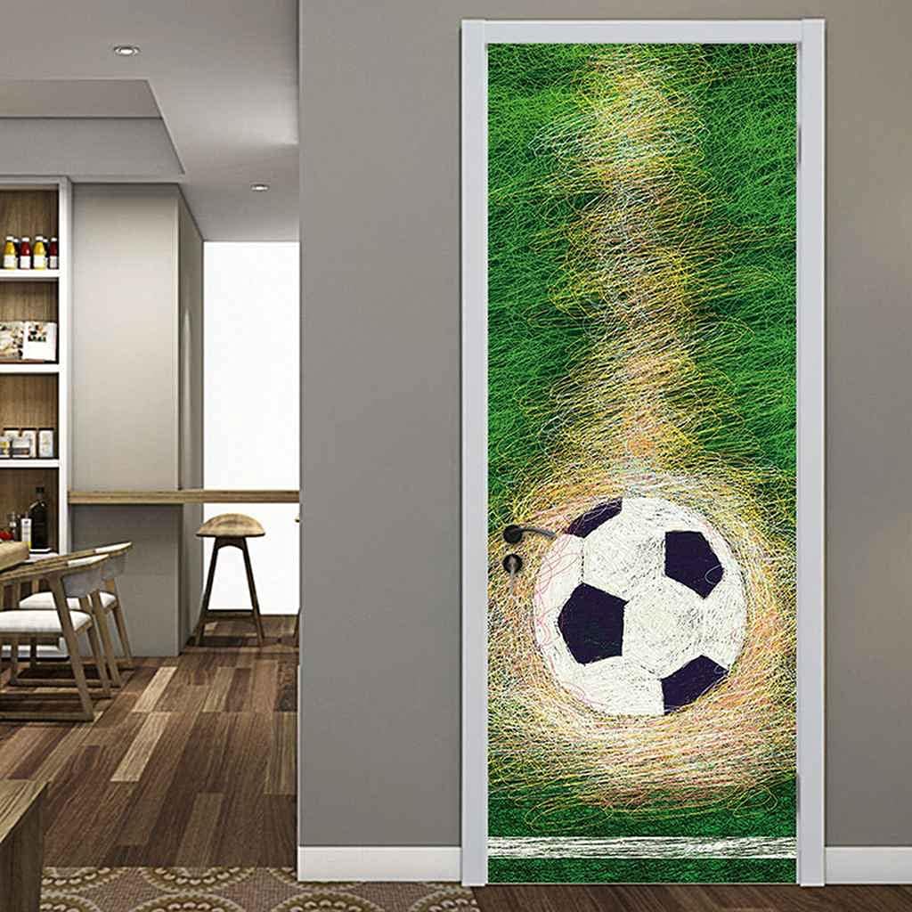 BARFPY 3D Etiqueta de Puerta Autoadhesivo Desmontable Fútbol sobre césped verde mural de puerta Pvc Art Papel Tapiz Fotográfico Habitación De Los Niños Dormitorio Cocina Mural 95x215cm