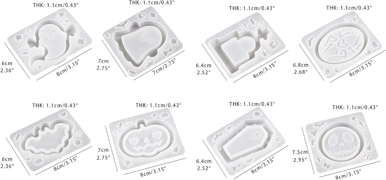 8pcs Halloween Resin Shaker Molds, Ghost Pumpkin Bat Tombstone Quicksand Casting Epoxy Resin Molds, Shaker Silicone Mold for Jewelry Pendant Keychains DIY Crafts