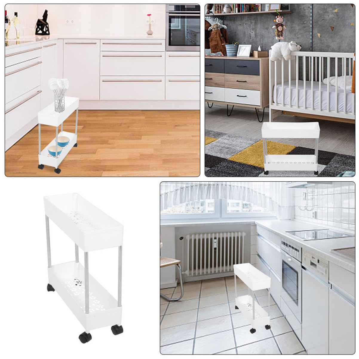Carrello Portatutto a 3 Livelli Ruote, Struttura in Plastica e Ferro, Salvaspazio per Cucina e Bagno, Bianco