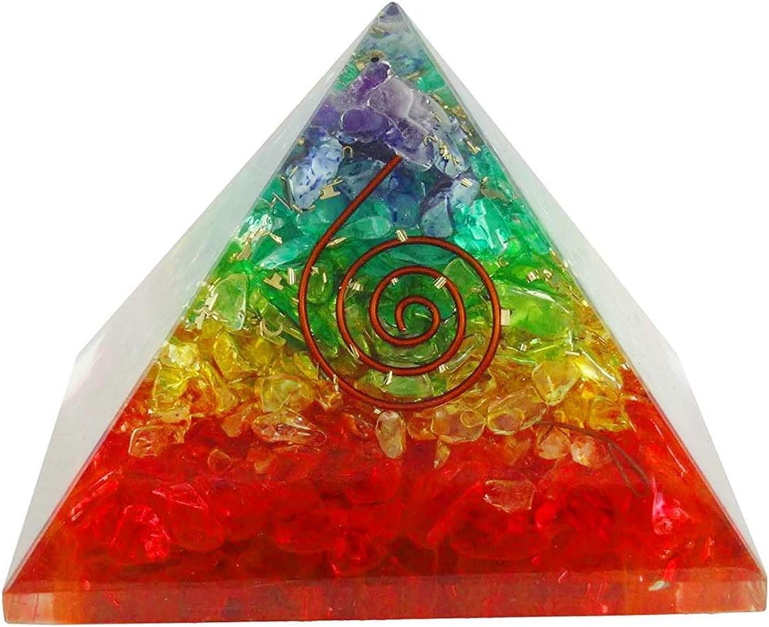 DARMIKA 7 Chakra Multi Stone Orgone Pyramid with Copper Coil | Emf Protection Reiki Charged | Energy Stone for Stress Relives,Prosperity and Success 7 Chakra, Multicolour, 1 Piece