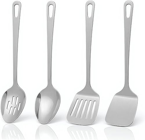 Juego de utensilios de cocina de 4 piezas, utensilios de cocina de acero inoxidable, juego de utensilios de metal resistente con espátula de acero