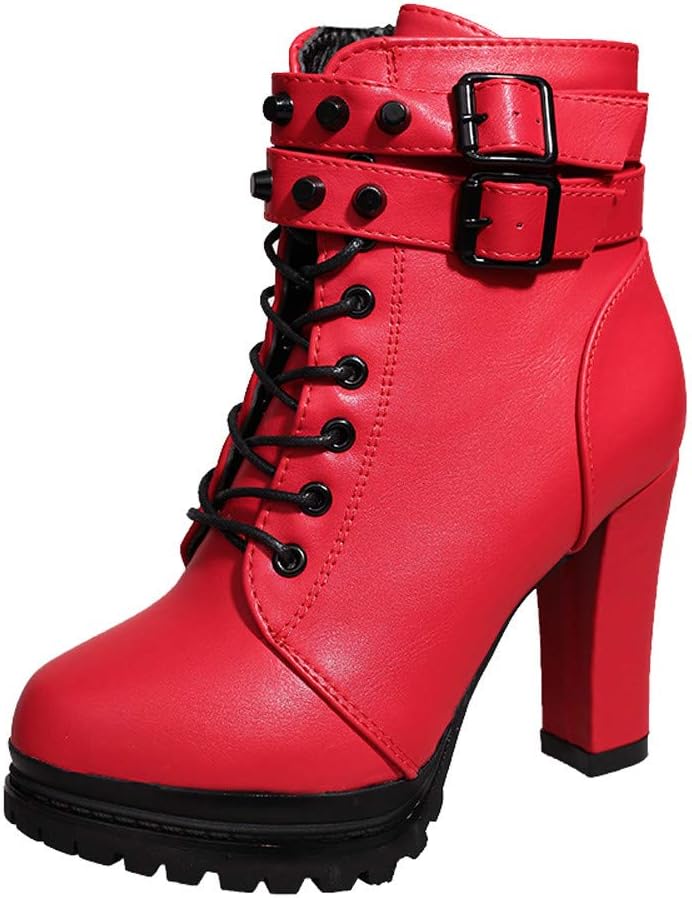 Lazzboy Women Boot Booties Ankle/Mid-Calf High Heel Pumps/Flat Leather Rivets Buckle Lace-Up/Zip Shoes(4.5 UK,Red Ankle)