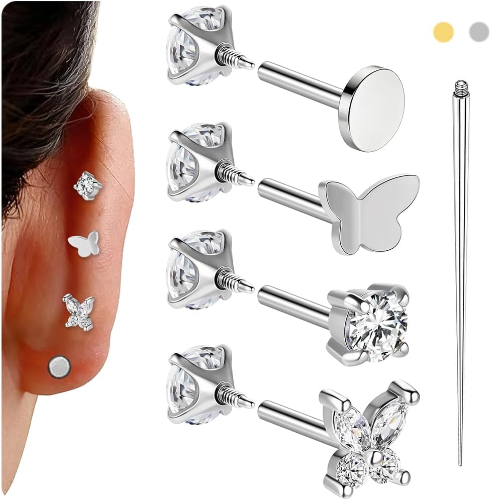 BodyAce 18g Reversible Earrings Studs Long Internal Thread Cartilage Earring Helix Stud Surgical Steel Conch Tragus Piercing Jewelry for Women Men