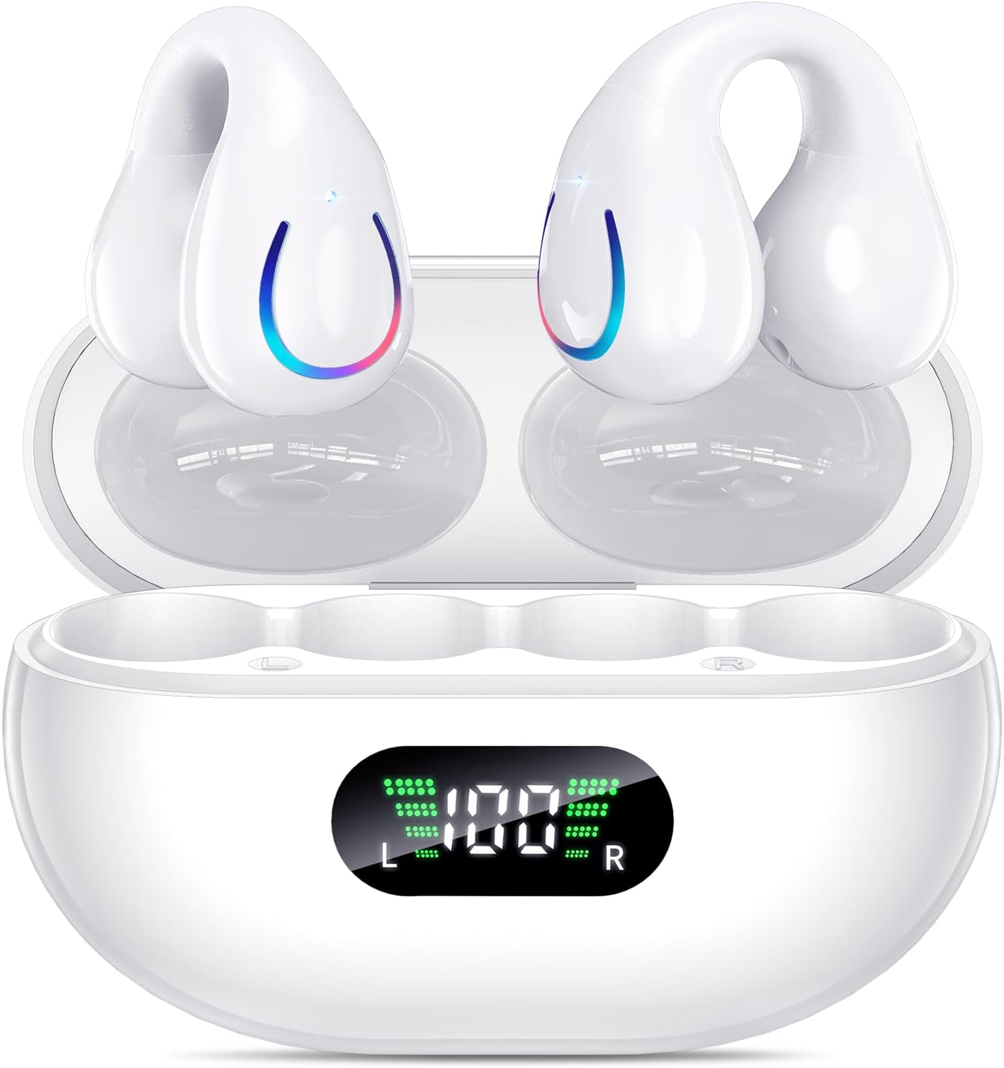 Open Ear Bluetooth Earbuds 5.3 - Clip-On Wireless Headphones, 36H Playtime, IPX7 Waterproof, LED Display For Sports