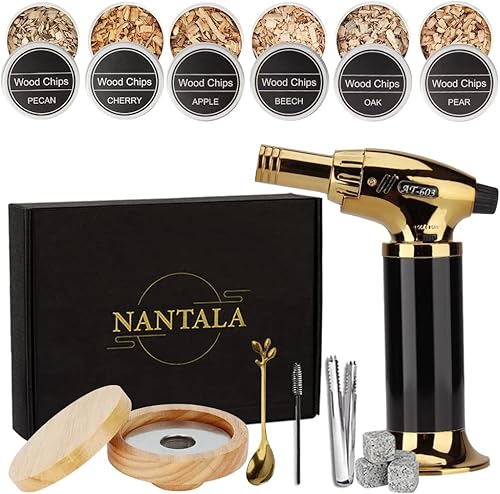 Nantala Kit de ahumador de cóctel con antorcha, kit de ahumador de bebidas antiguo incluye 6 sabores de chips de madera para whisky y bourbon,