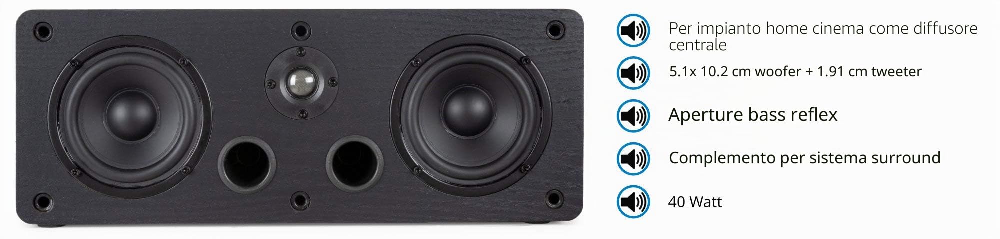McGrey CS-440 BK Diffusore da Scaffale - Cassa Satellitare HiFi Multifunzionale per Sistema Surround, Musica e Home Cinema - Diffusore Center Full-Range a 2 Vie con Potenza 40W RMS - Nero